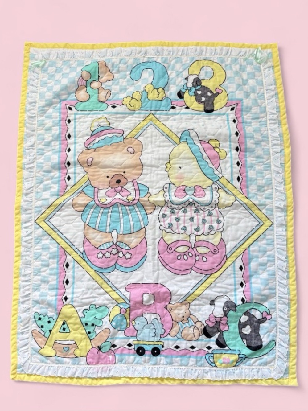Vintage Pastel Handmade Bear & ABCs Baby Crib Quilt 33” x 42”